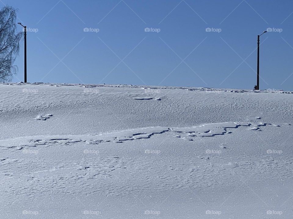 Minimalistic landscape with formation nature patterned snow area surface, two streetlights and bare tree branches under the clear blue sky