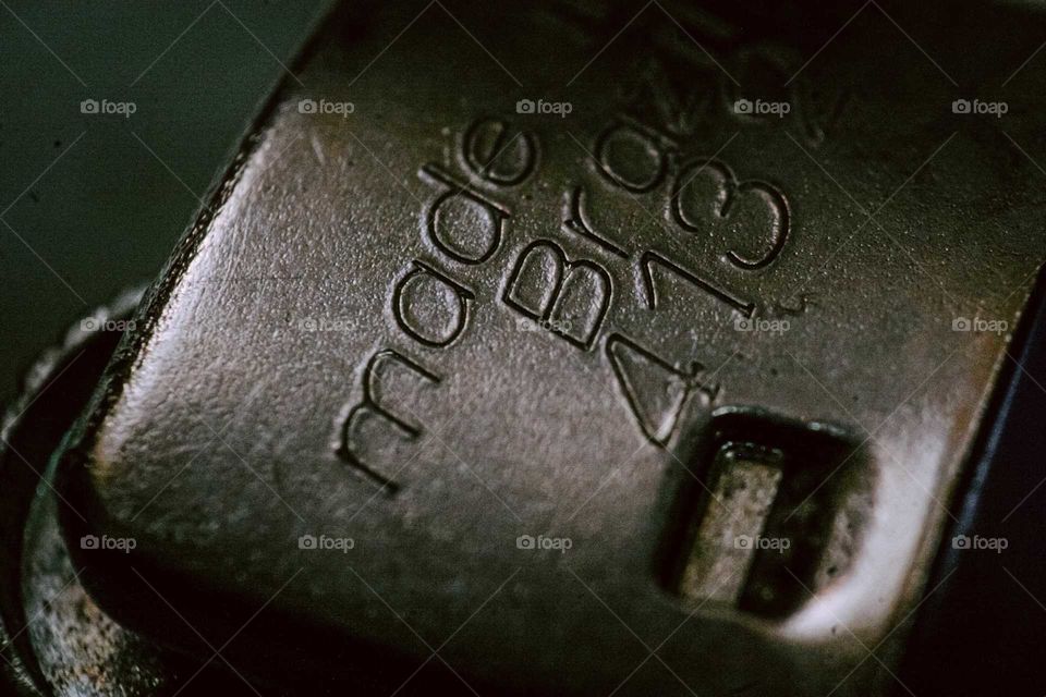 Macro shot of a Lighter. BIC lighter isqueiro, made in Brasil, Still life zoom shot of metal part.