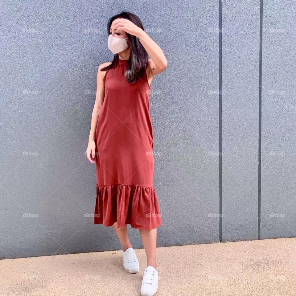 Asian woman in silver grey ash hair colour outdoor 