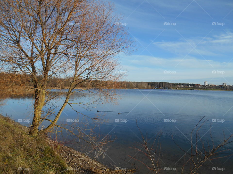 beautiful autumn landscape lake blue sky background, beautiful nature