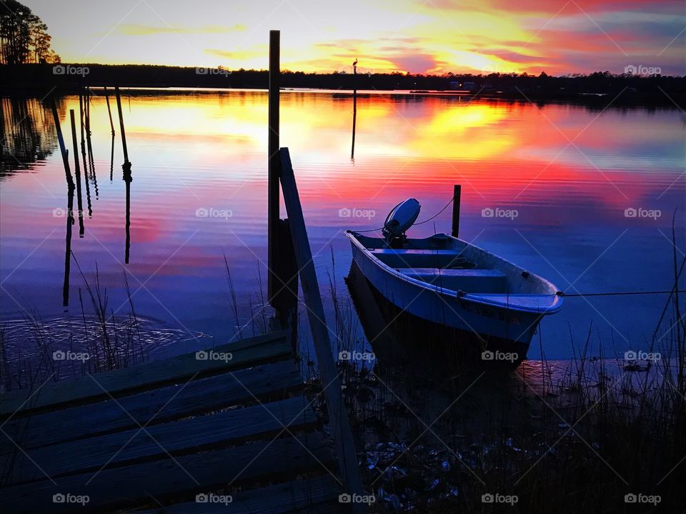 Old dock. Boat, and beautiful NC sunset 