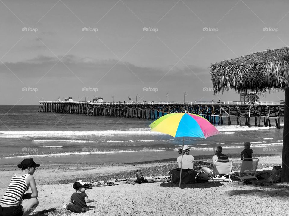 Family at the Beach! Black and White with Colorful Umbrella! Lifestyle Photography 