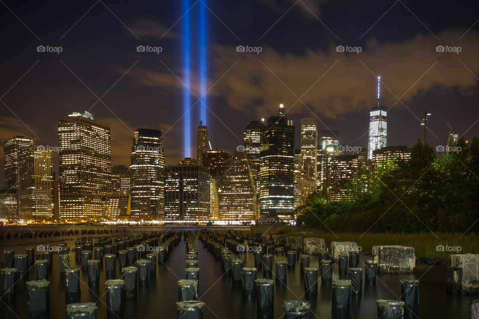 Tower lights 9-11 view from Brooklyn bridge park 