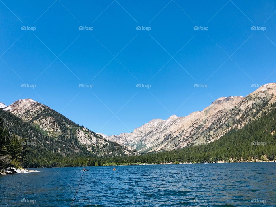 Fishing upper Twin lake on a boat in Bridgeport California. A peaceful beautiful lake