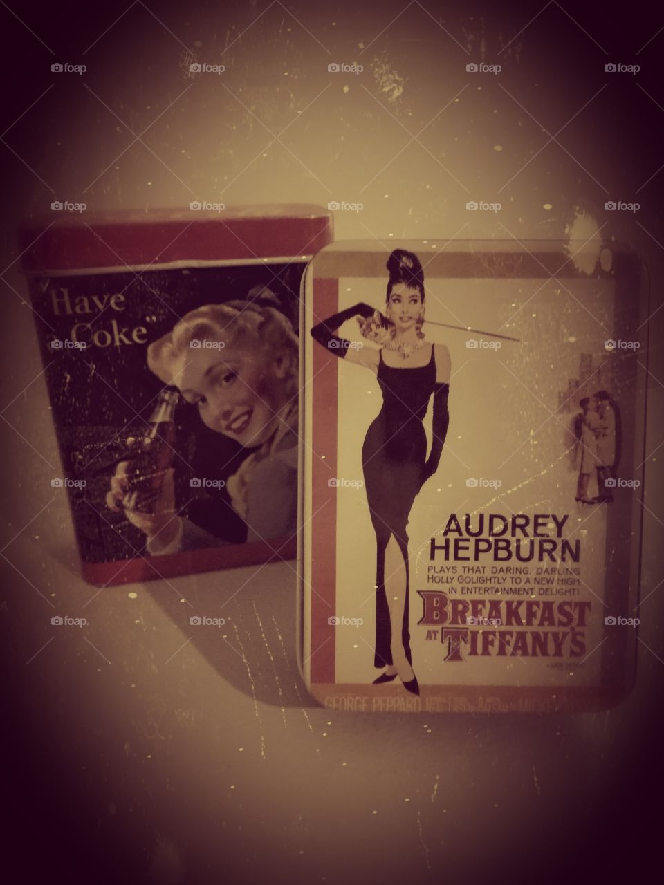 My fascination with tins. Golden oldies. Vintage tins. Audrey Hepburn in Breakfast at Tiffany's. Classic Coke in a bottle.