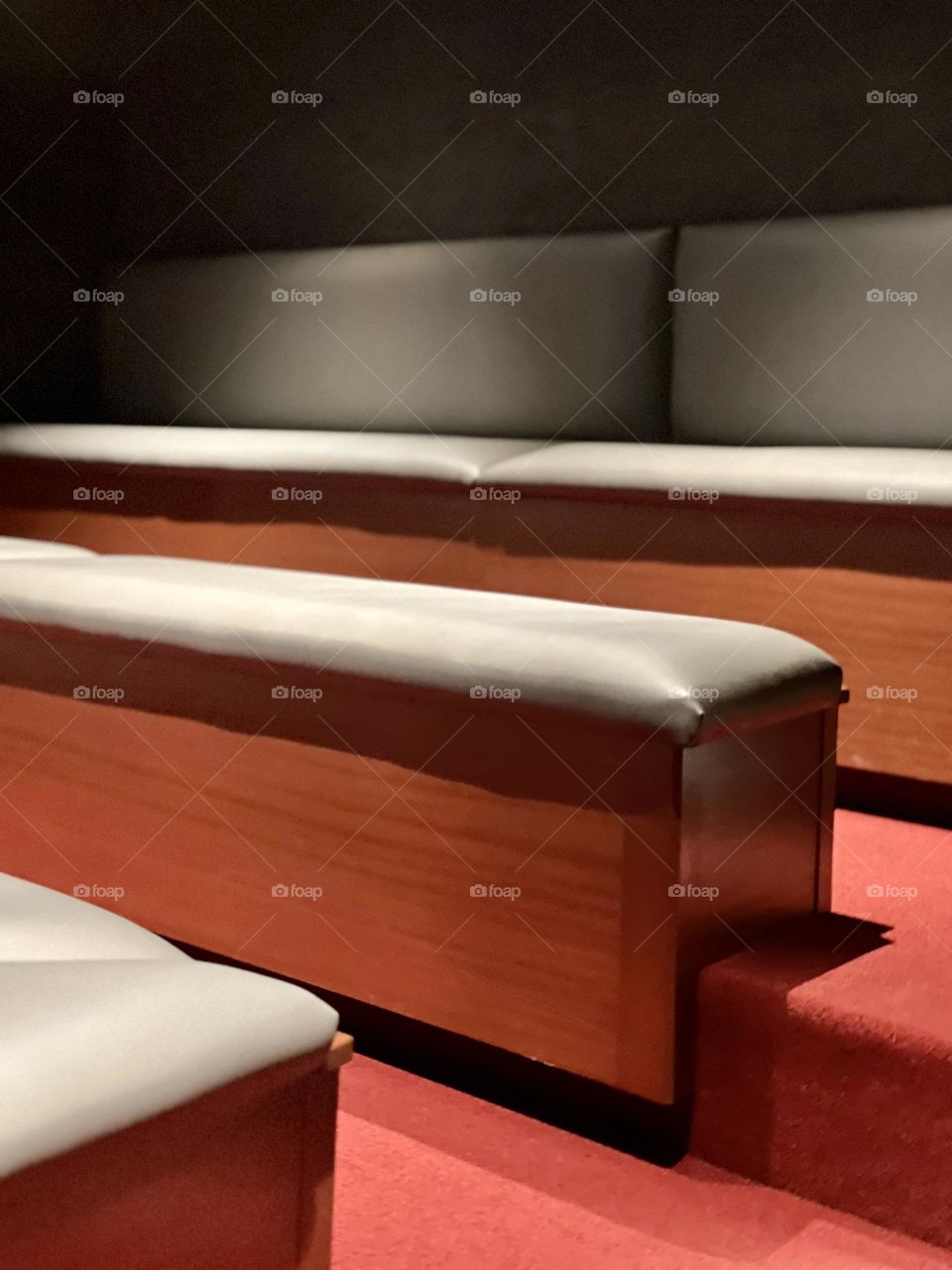 Padded benches in small indoor amphitheater. Gray cushions on top of wooden benches and red carpet 