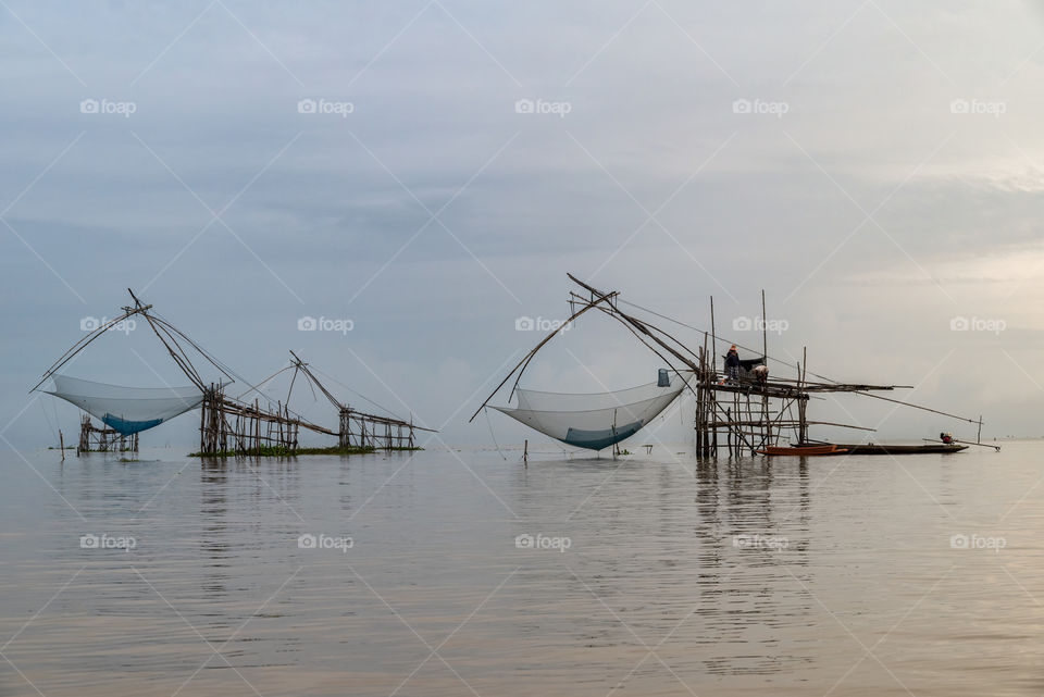 Beautiful sea scape with big fish trap in the southern of Thailand