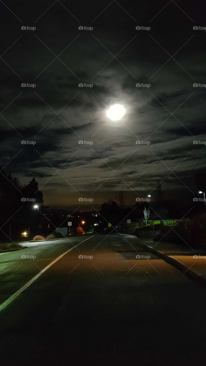 full moon, clouds, vacant street, night time, city