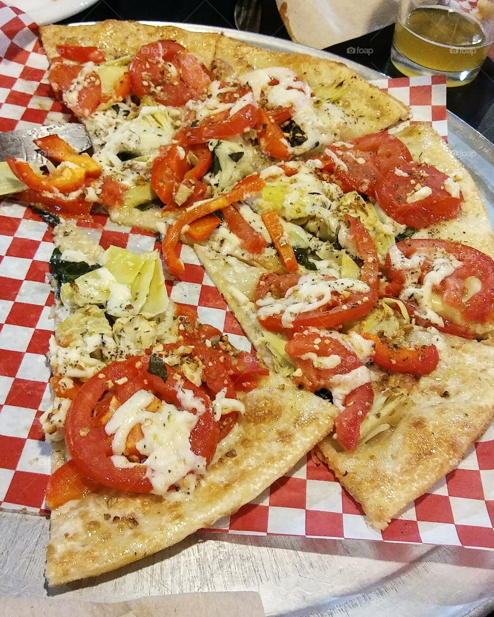 Vegan pizza at a local pizza parlour