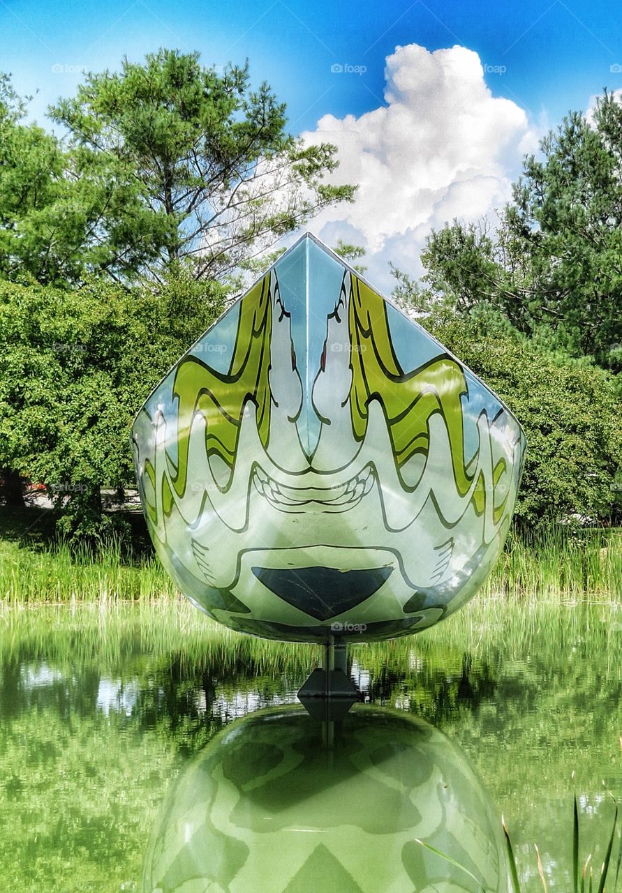 A Roy Lichtenstein decorated sailboat seen in Vermont closeup of front 