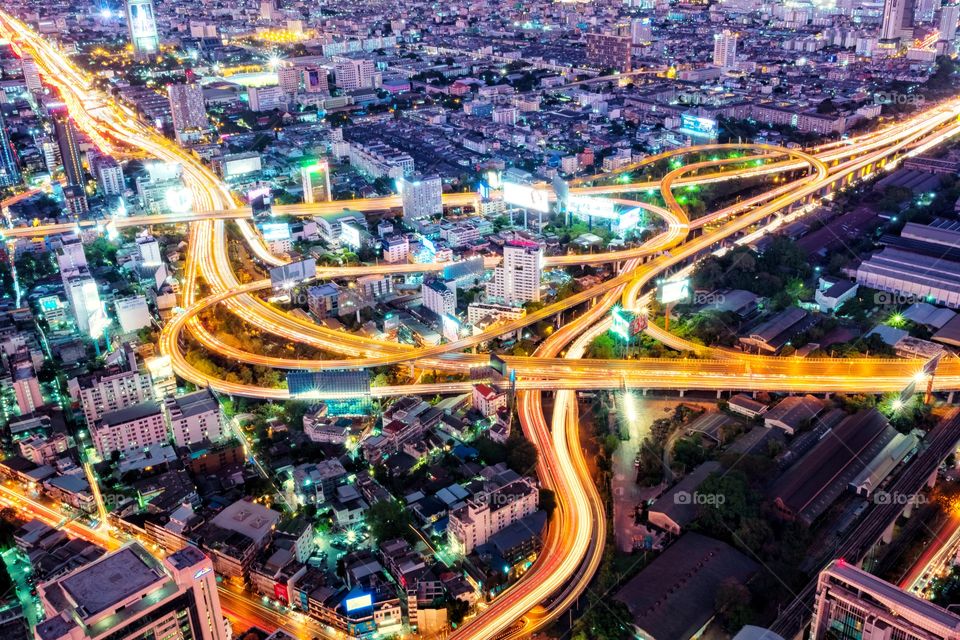 Beautiful line of vehicle lamp on express way in Bangkok Thailand