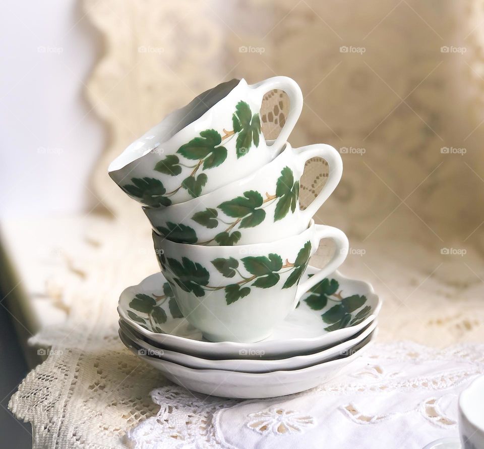 Antique china set - coffee cups and saucers with grape leaves pattern