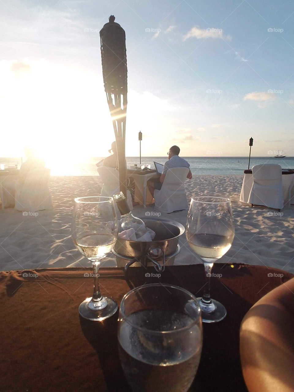 sun set, beach, white wine
