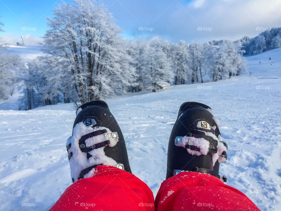 Selfie feet of Salomon ski boots with snowy forest in the background