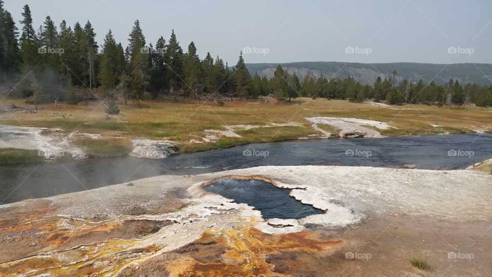 Scenic river and hot spring in Yellowstone National Park