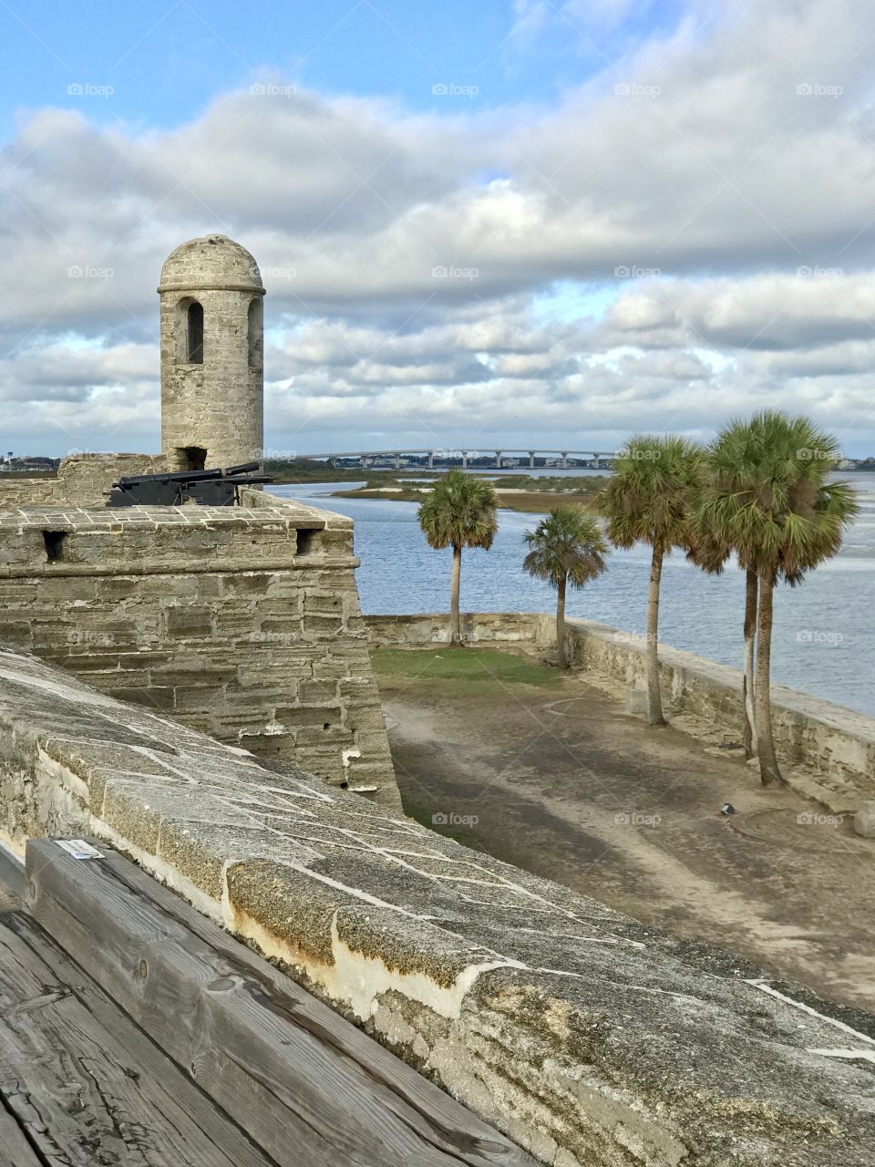 Beautiful view of the Historical Fort guarding the first city in St. Augustine, Florida along a calm Matanzas Bay