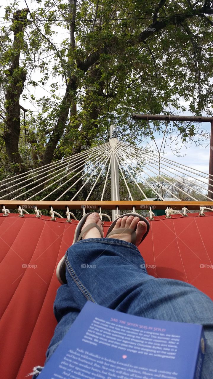 spring read on my hammock. backyard hammock