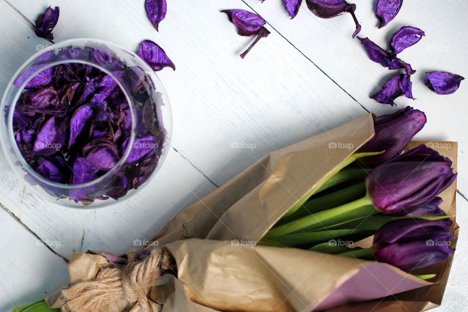 A bouquet of tulips and purple rose petals: congratulations, March 8 (International Women's Day), February 14th (Valentine's Day), holiday