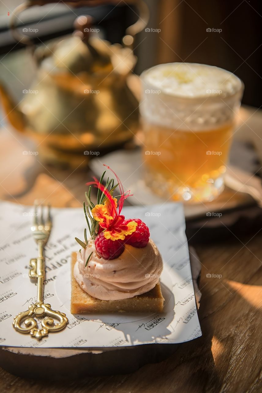 Fresh cream raspberry cake with fruit pulp