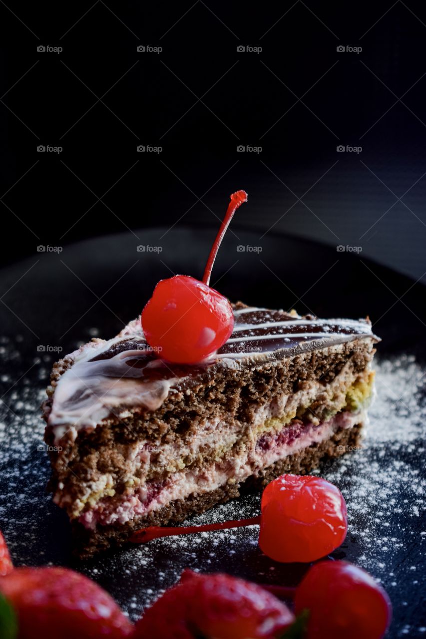 Cake, sweet, cherry, dark background