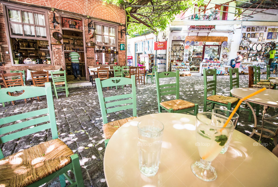 Traditional Rustic Outdoor Cafe In Lesvos, Greece
