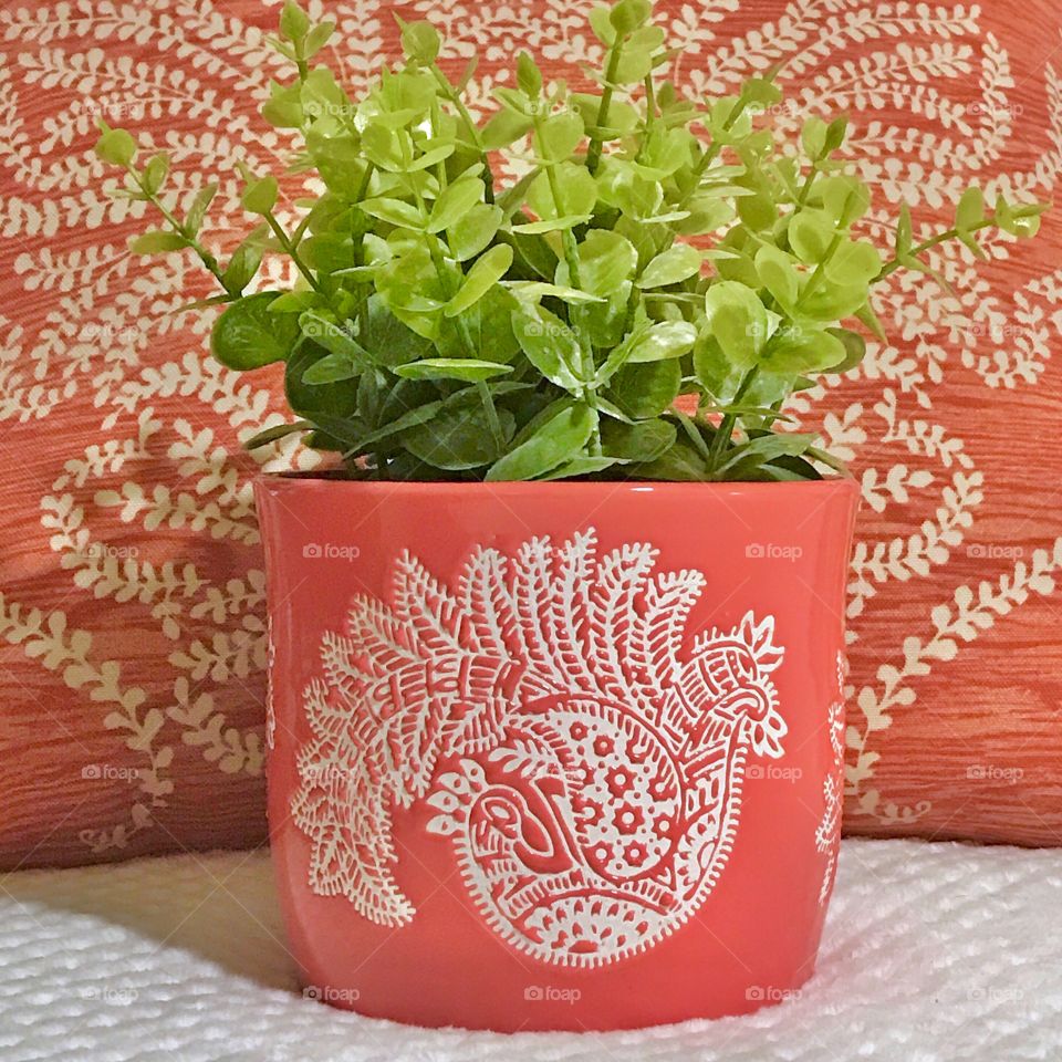 Pretty potted plant against a similar patterned pillow in the same color pallets!