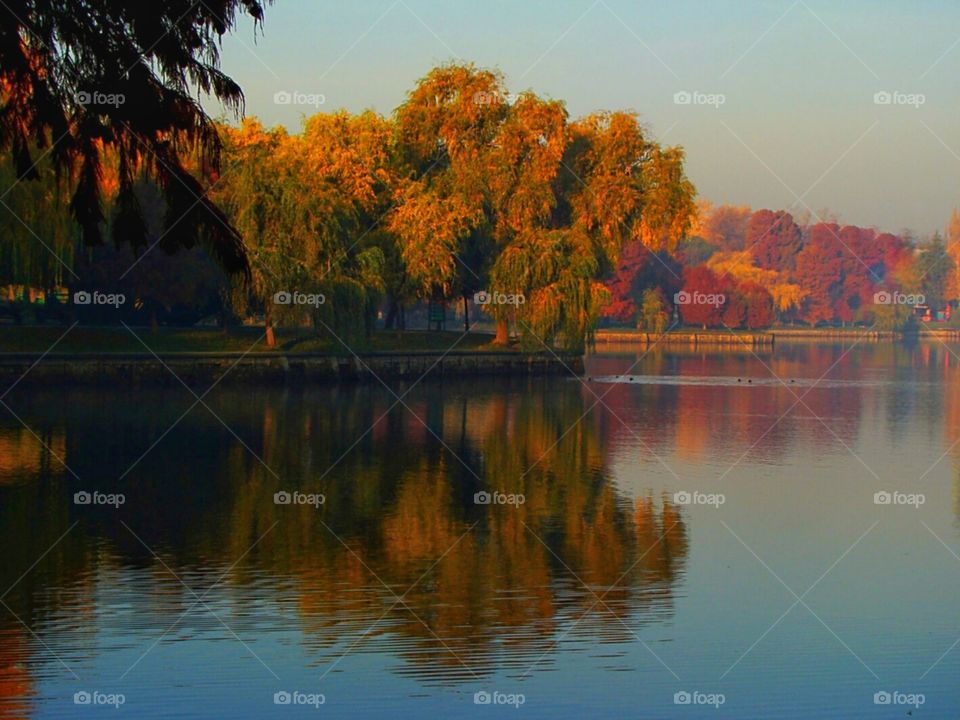 Beautiful autumn landscape in Herastrau Park, Bucharest, Romania
