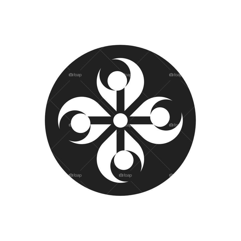 This logo is an abstract design consisting of a black circle with a white geometric pattern in the middle. This pattern resembles a stylized flower or cross, with four arms extending from the center and curving slightly at the ends