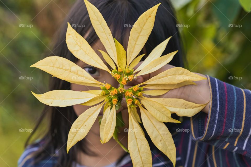 A little girl looking through yellow flower