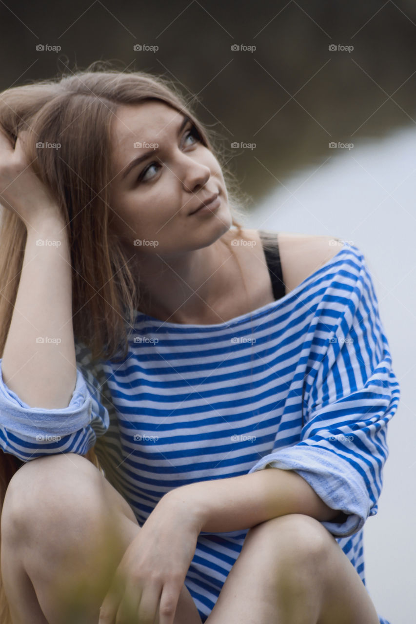 Girl, woman, people, blonde, blonde hair, striped shirt, short shorts, denim shorts, shore, lake, grass, reeds, old boat, feelings, emotions, tenderness, love, lifestyle, lifestyle, vacation