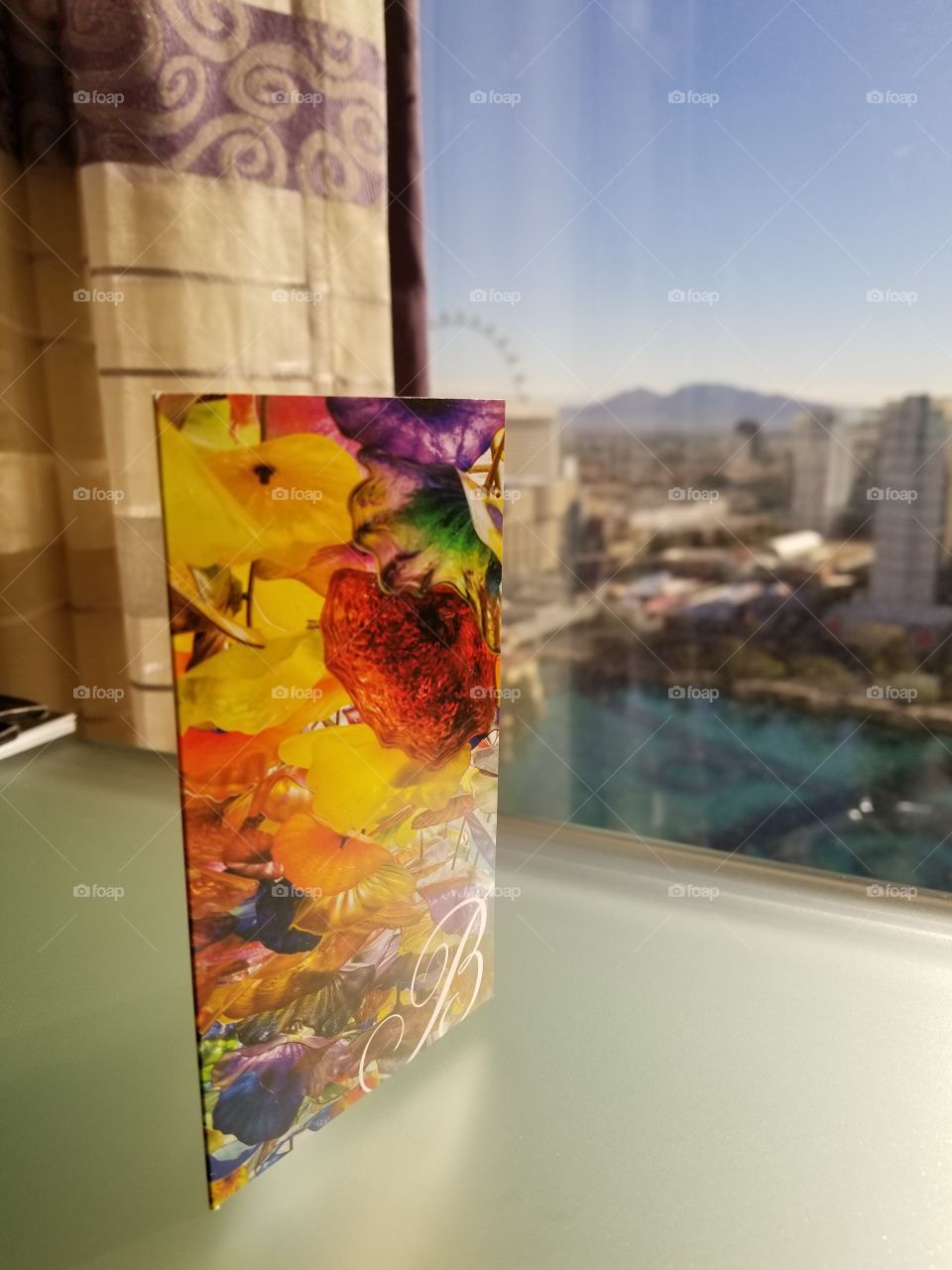 Bellagio room key card and view of Las Vegas