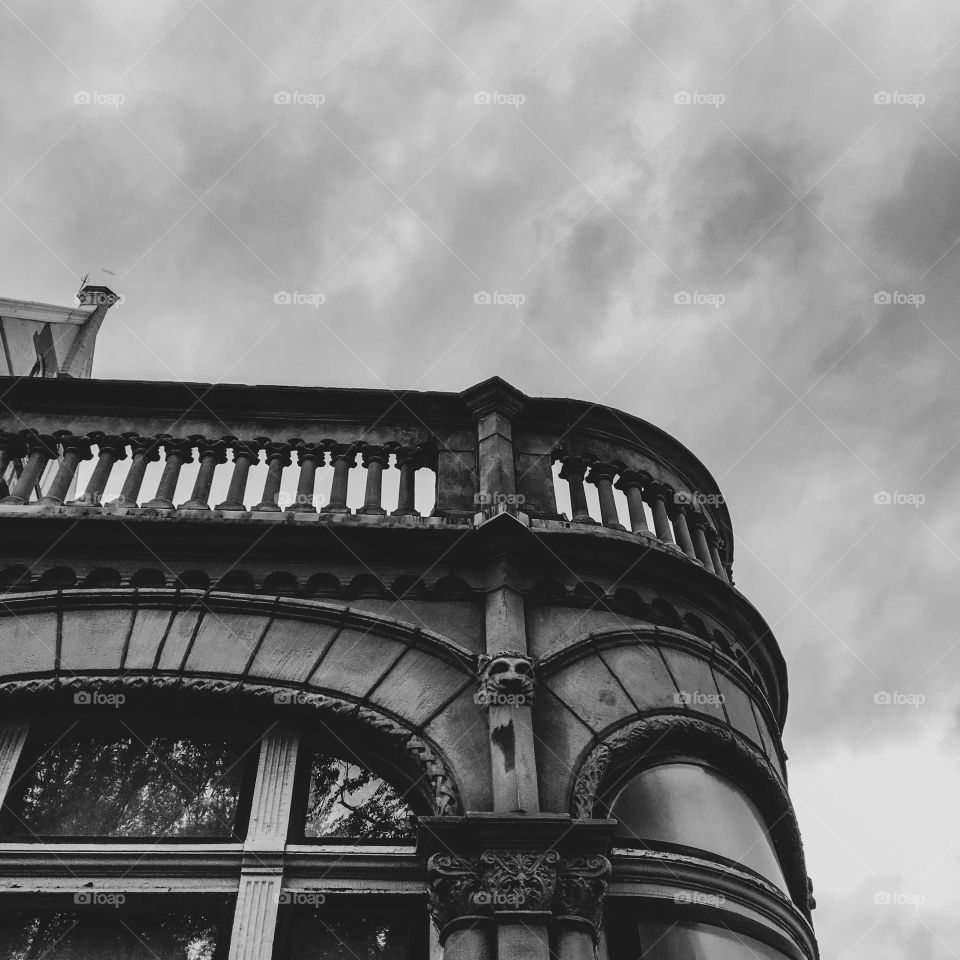 Black and white photo of the frick pittsburgh building in black and white
