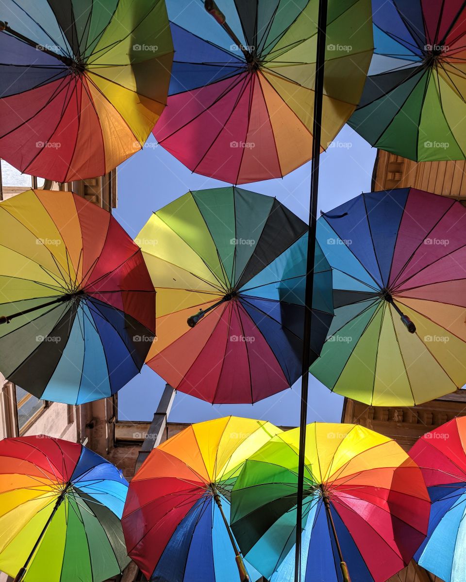 colourful, sunlight, rainbow, umbrellas