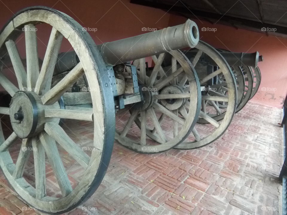 old antique ancient beautiful cannons keep in Bathinda city fort for demonstration.