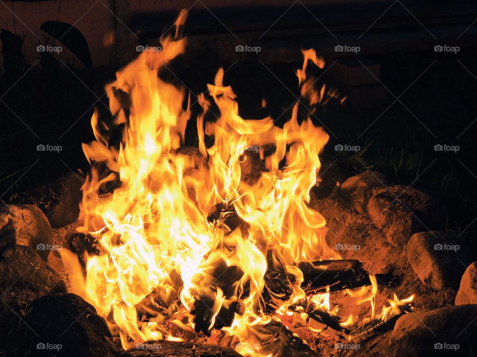 Close up of night campfire