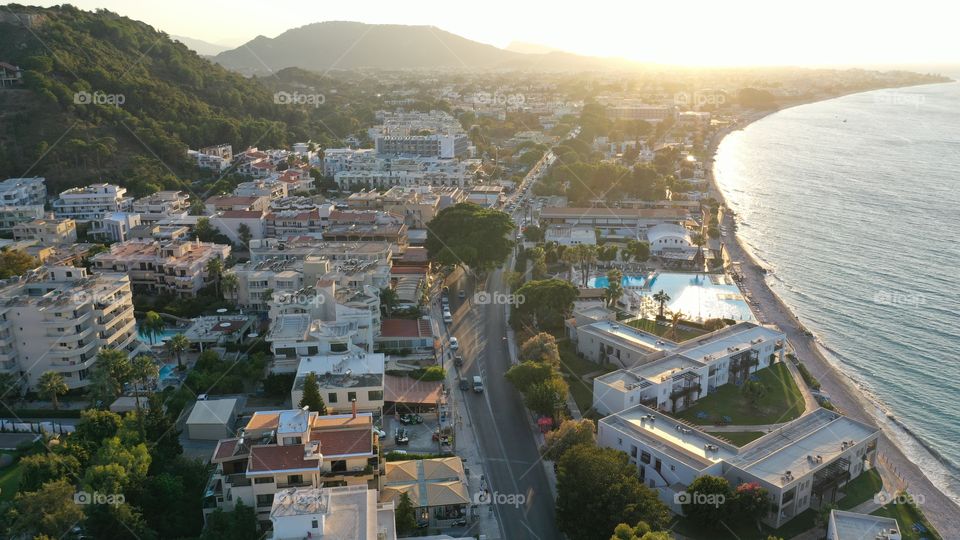 Aerial view of beach and city 