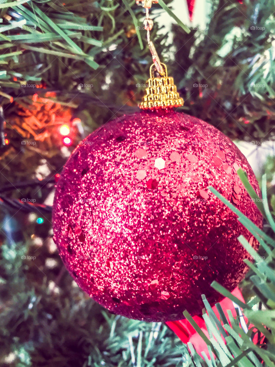 Ornamentation Red Ball On The Christmas Tree
