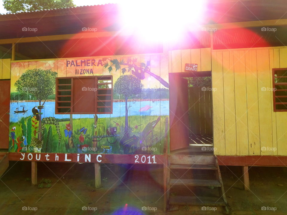 Third Grade Classroom, Amazon Rainforest. School house on Amazon River, near Iquitos, Peru. Palermas II Zona.