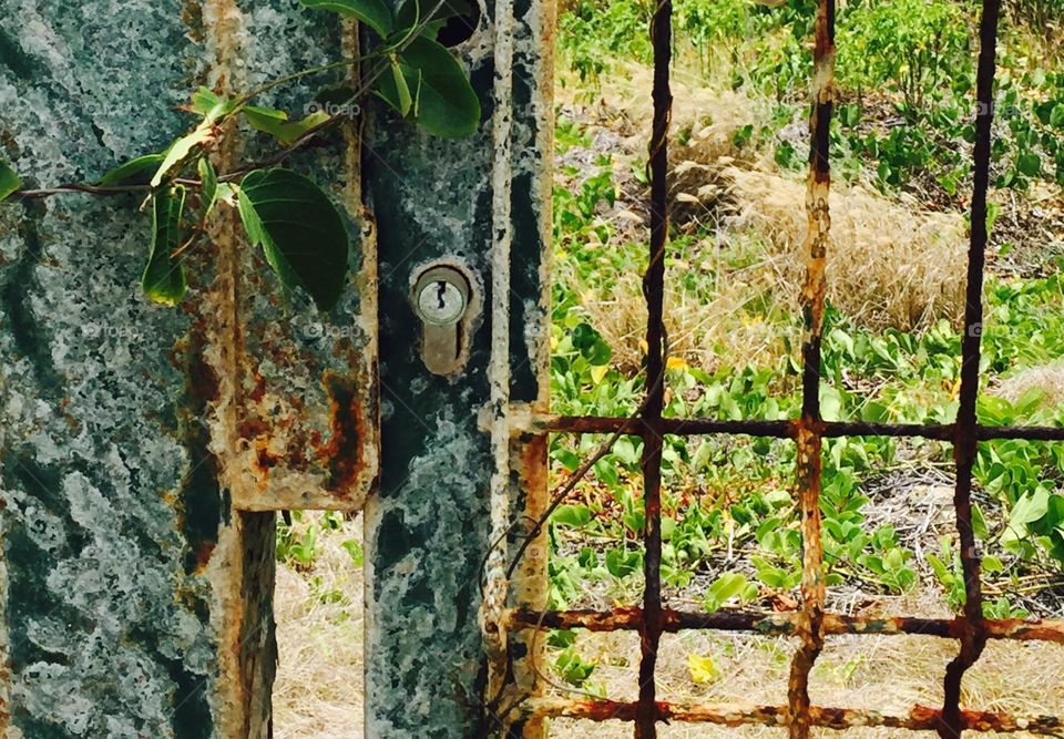 Old gate and lock, abandoned building gate, locked and guarded property, no trespassing 