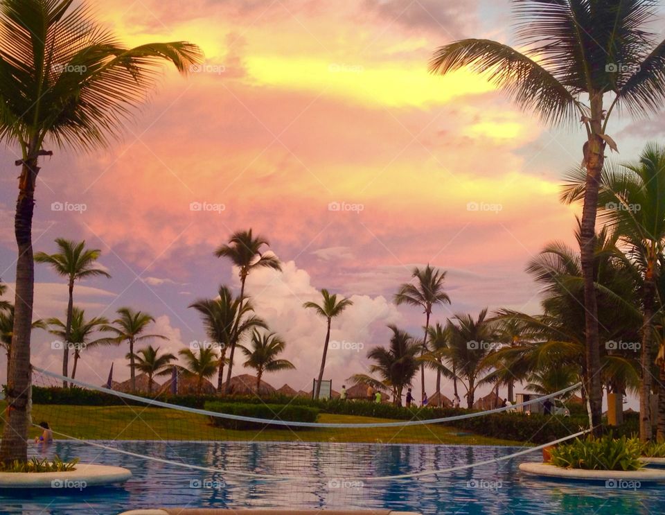 Languorously enjoying the weather at sunset, poolside, water sports, recreation, volleyball, palm trees, Punta Cana, Dominican republic, hard rock café Hotel Casino resort, tropical paradise, pastel Hues, Ocean breeze, scenic vacation