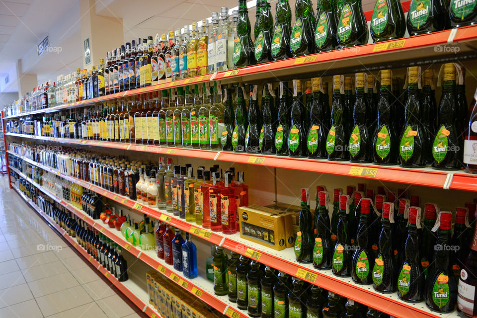 Liqour in a local Supermarket at the resort Alcudia Pins on Majorca.