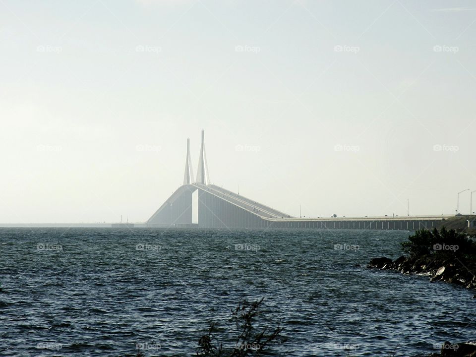 The Sunshine Skyway Bridge spanning Tampa Bay, Florida in the early morning hours