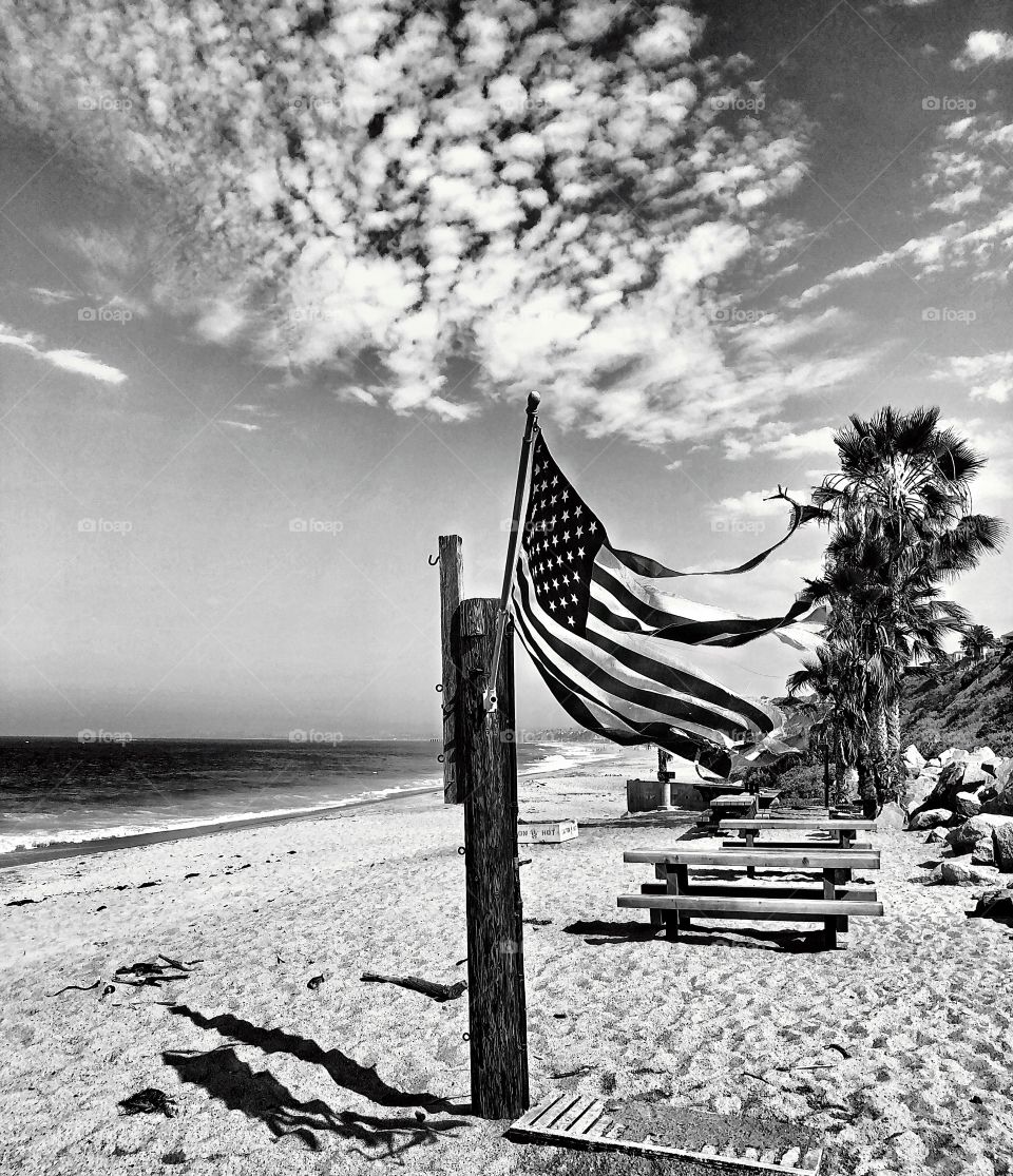 Foap Mission Black and White! Vintage American Flag On The Beach Along The Southern California Coastline!