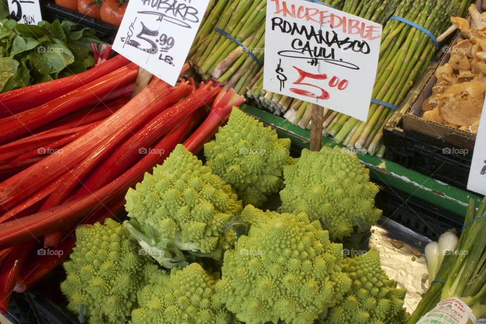 Fresh romanesco cauliflower and rhubarb at a local farmers market