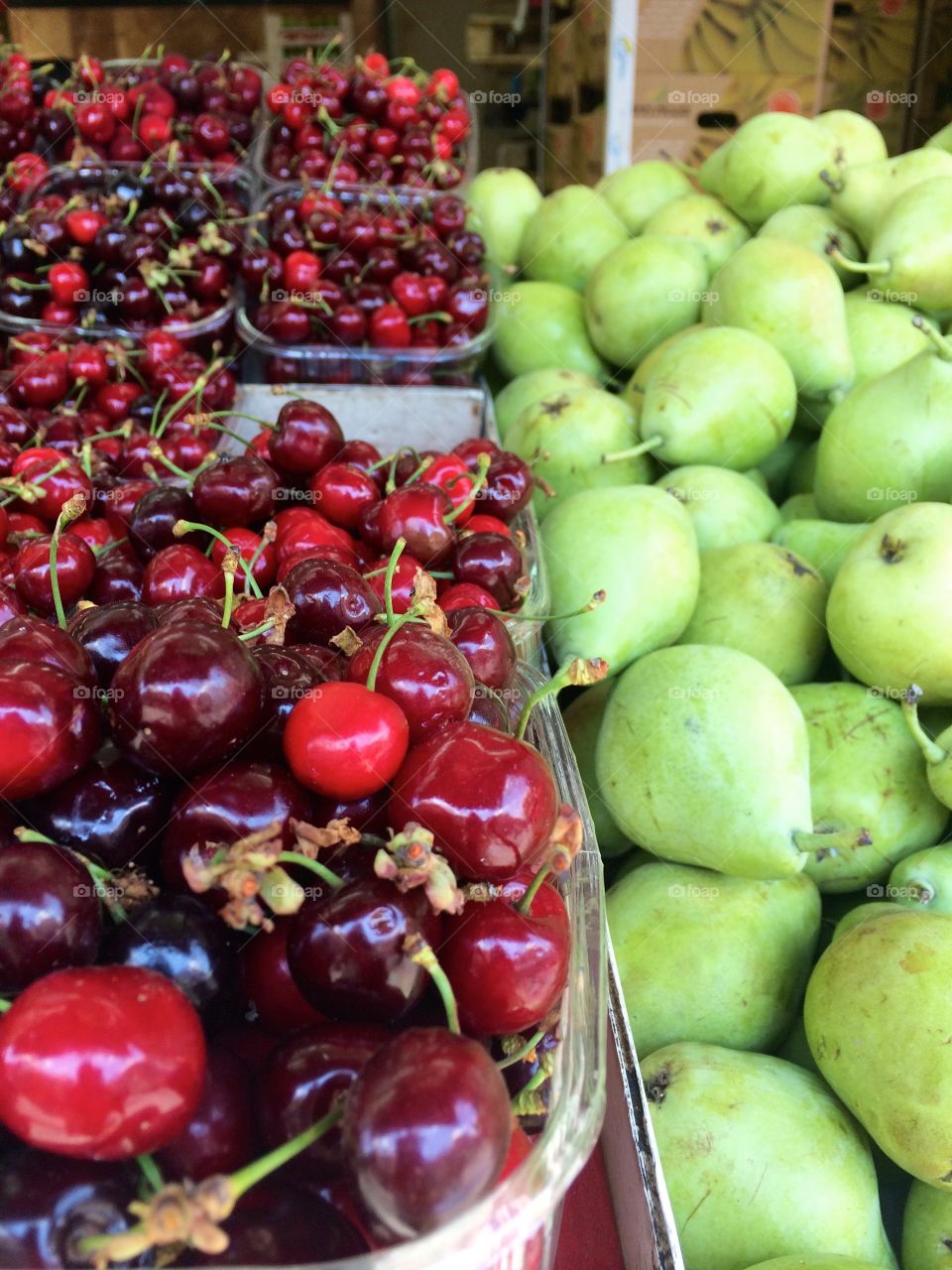 Cherries and pears at Mahane Yehuda market in