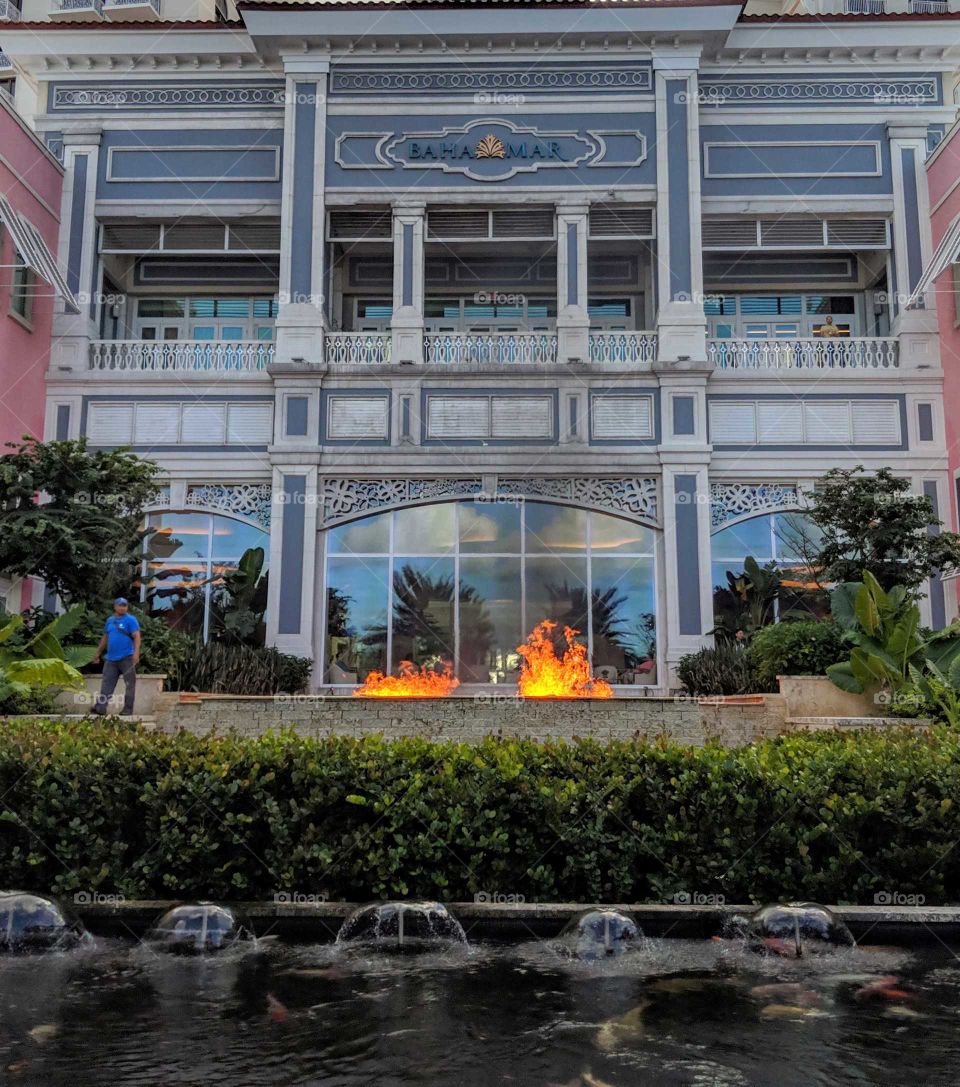 The Baha Mar resort. Beach side entrance. Fire on water. Great architecture. Nice views.