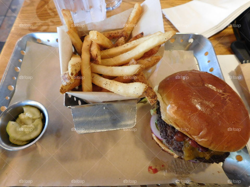 Favorite sandwich- grilled hamburger and fries