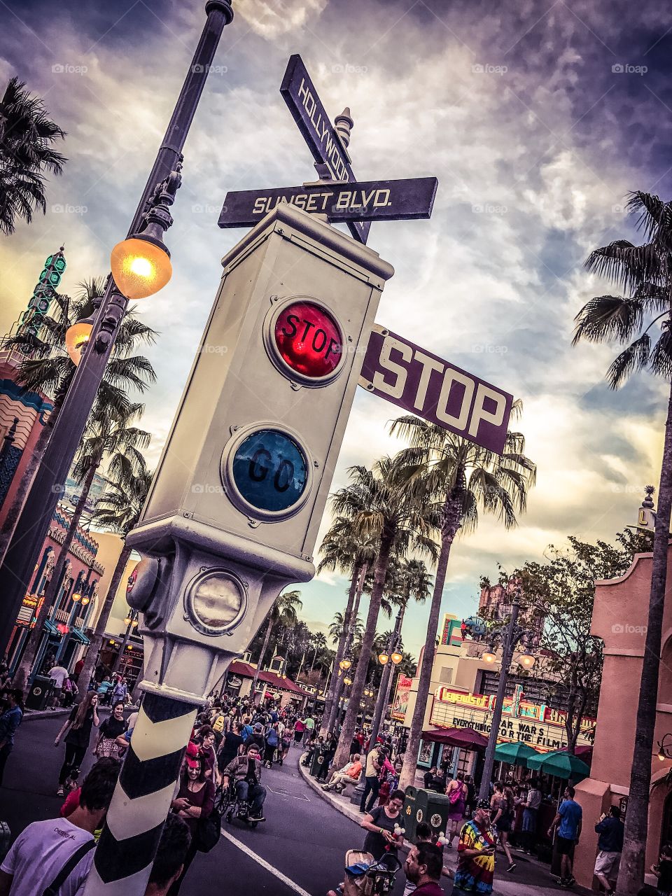 Vintage stop light on the corner of Hollywood and Sunset in Disney's Hollywood Studios in Orlando Florida. 