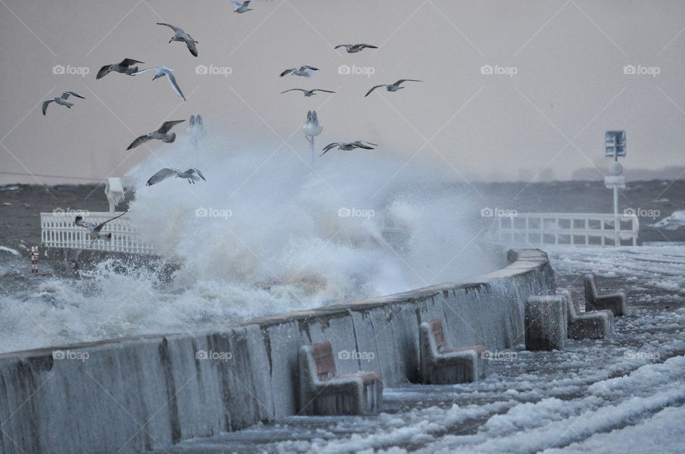 splashing water - waves during strong storm in the Baltic sea in Poland