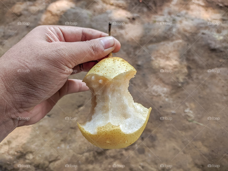 Close-up of hand holding pear with bite marks